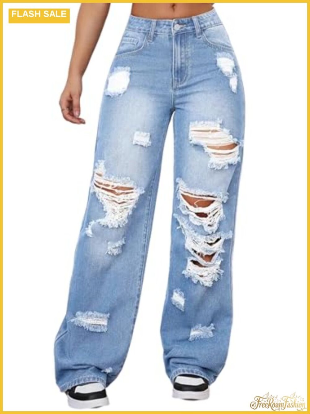 High Waisted Wide Leg Ripped Jeans Distressed Denim Pants Y2K Trendy